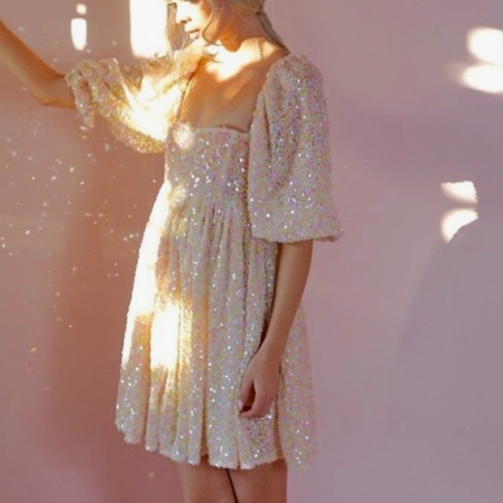 Selkie The Rainbow Sparkling Sequin Puff Sleeve Dress - Picture 11 of 16